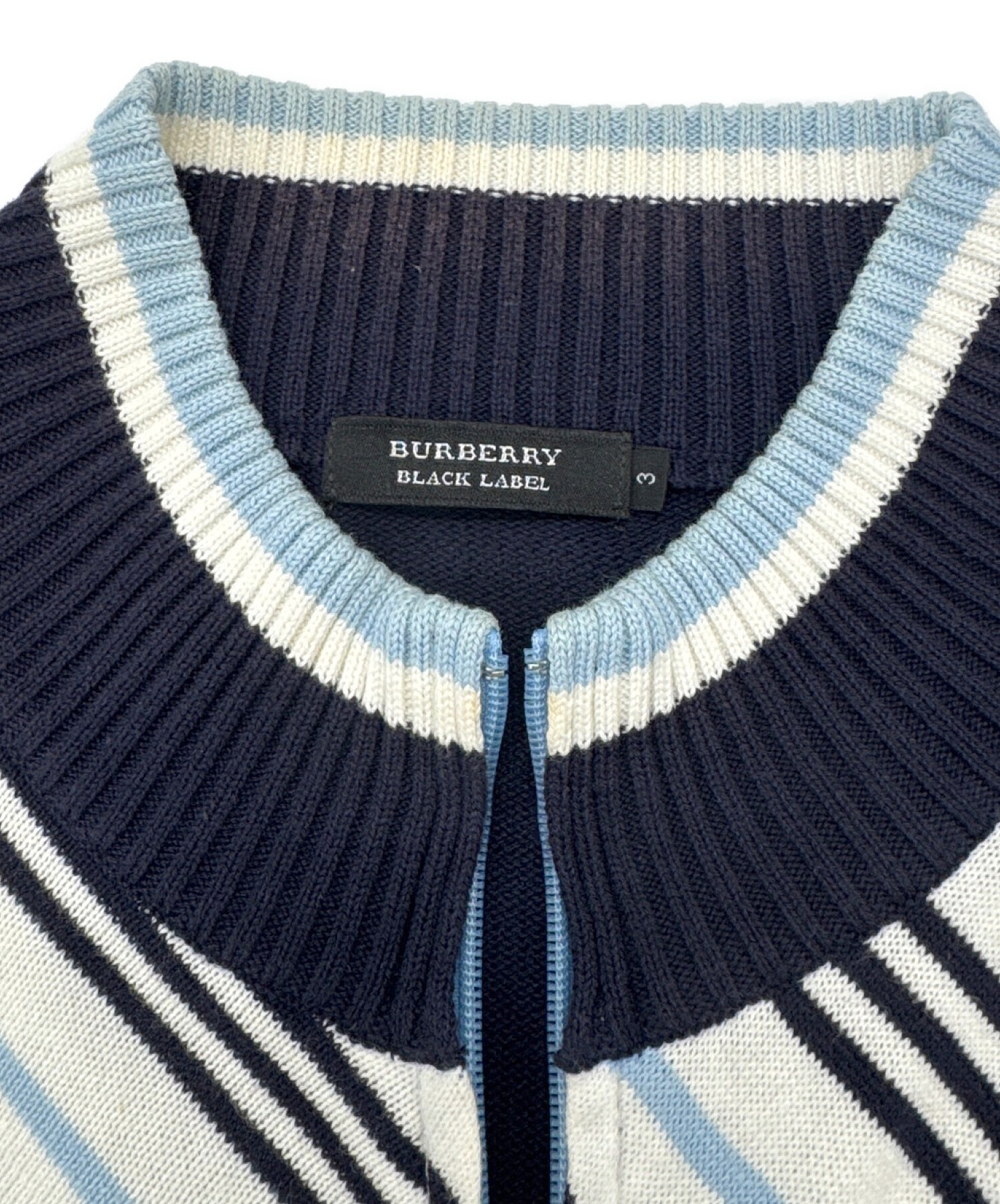 BURBERRY BLACK LABEL (バーバリーブラックレーベル) ジップアップニットジャケット ネイビー×ホワイト サイズ:3