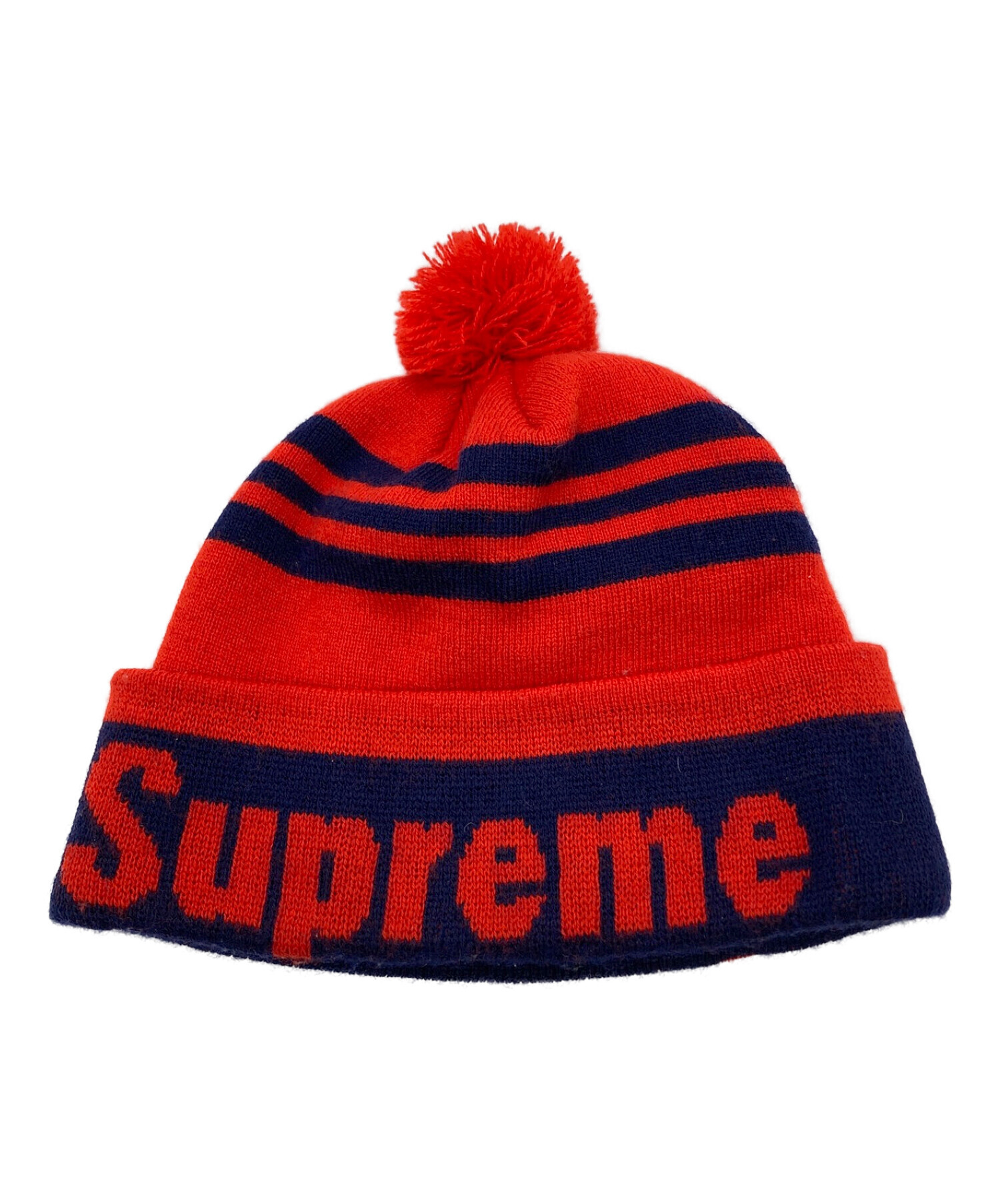 中古・古着通販】SUPREME (シュプリーム) ボンボン付ロゴニットビーニー レッド×ネイビー｜ブランド・古着通販 トレファク公式【TREFAC  FASHION】スマホサイト