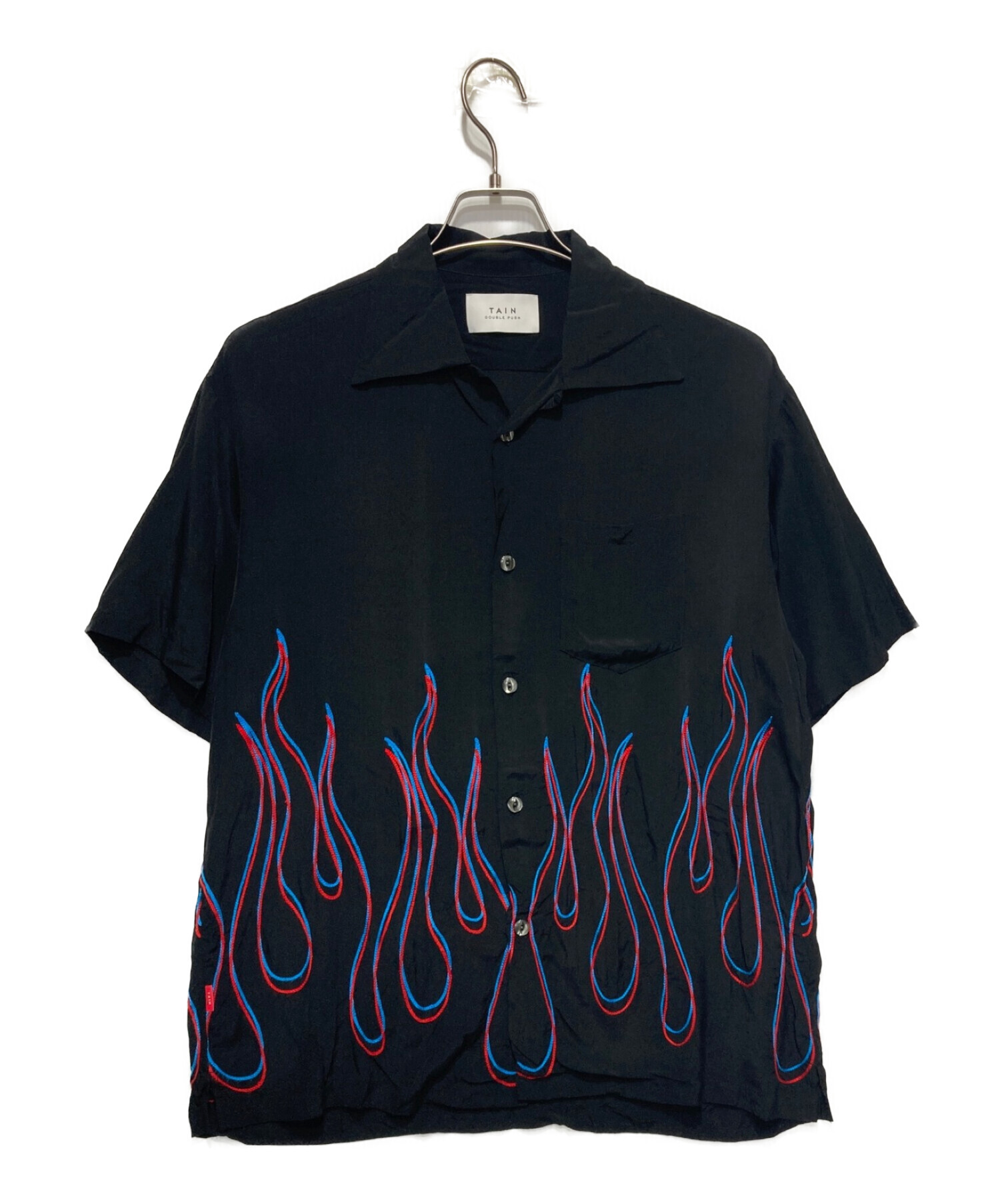 TAIN DOUBLE PUSH (タイン ダブルプッシュ) ファイヤー刺繍オープンカラーレーヨンシャツ ブラック サイズ:M