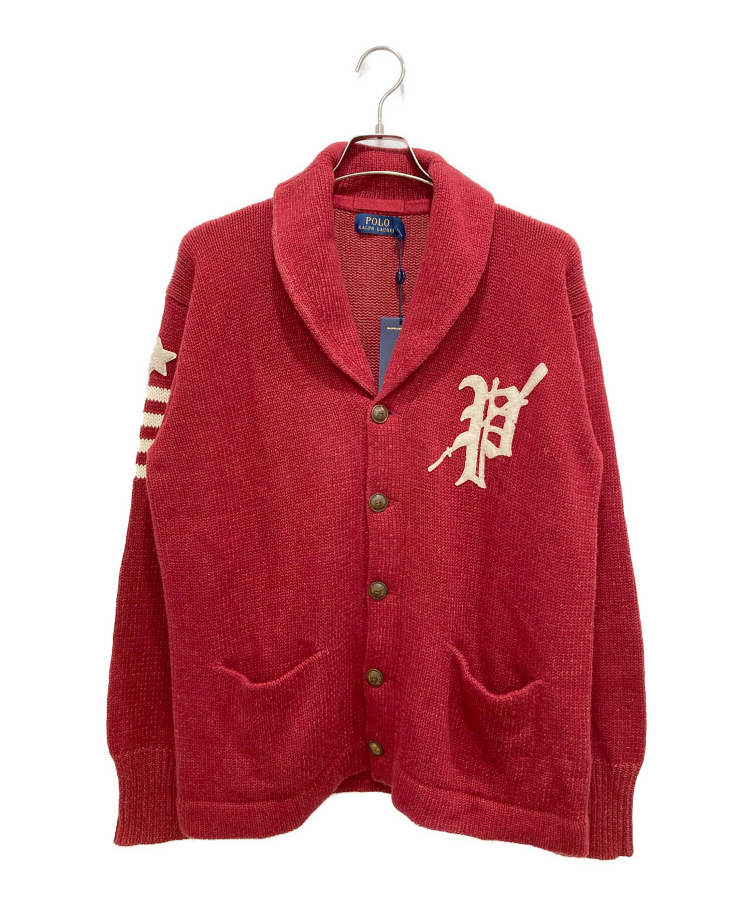 POLO RALPH LAUREN (ポロ・ラルフローレン) エルボーパッチショールカラーカーディガン レッド サイズ:L 未使用品