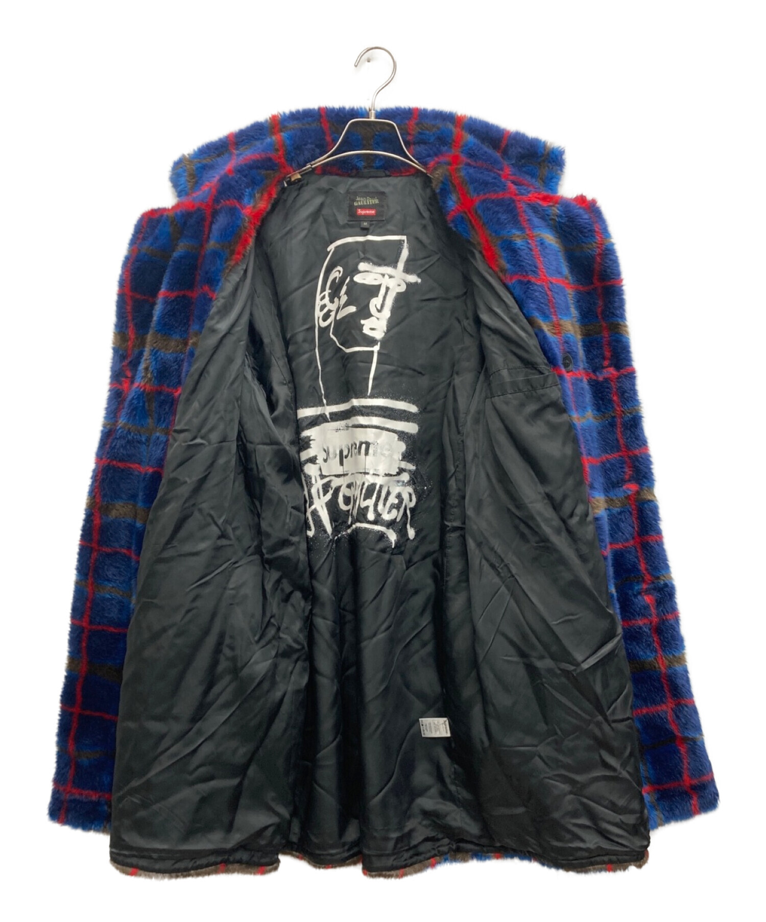 SUPREME (シュプリーム) Jean Paul GAULTIER (ジャンポールゴルチェ) Double Breasted Plaid Faux  Fur Coat ネイビー サイズ:SIZE M