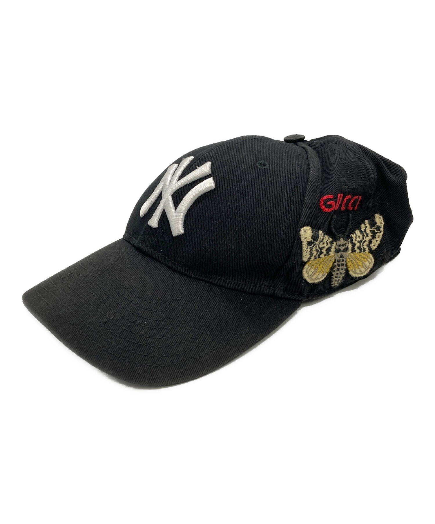 GUCCI (グッチ) NEW YORK YANKEES (ニューヨークヤンキース) バタフライ刺繍ベースボールキャップ ブラック