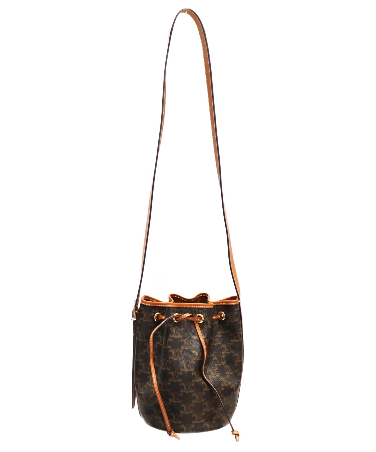 CELINE CELINE Small Drawstring Bag 191142BZJ.04LU Triomphe Canvas Calfskin  Leather Tan 191142BZJ.04LU