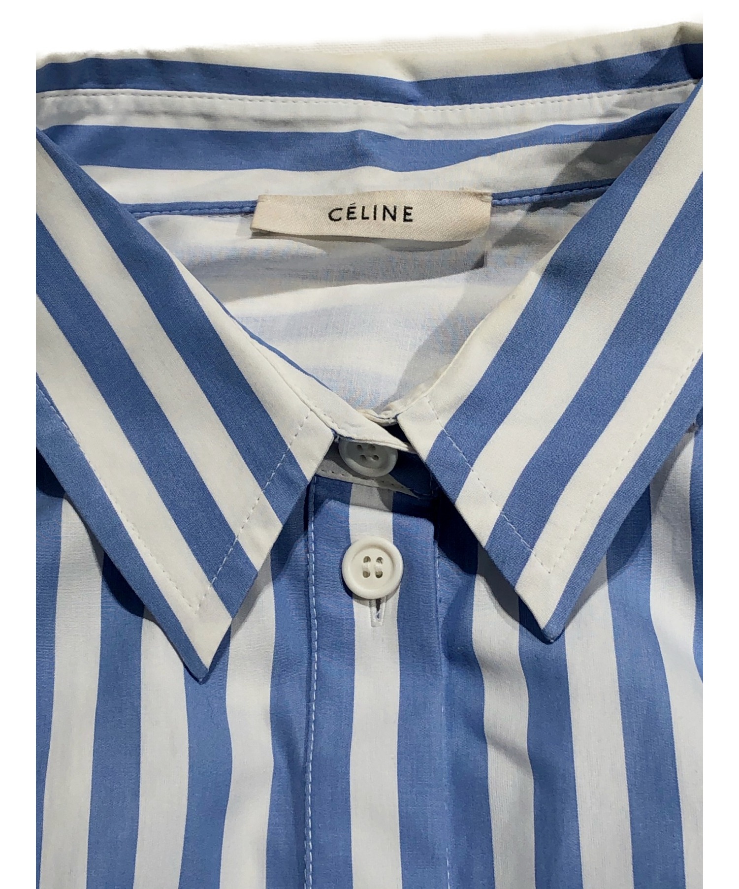 CELINE (セリーヌ) ストライプシャツワンピース ブルー サイズ:42