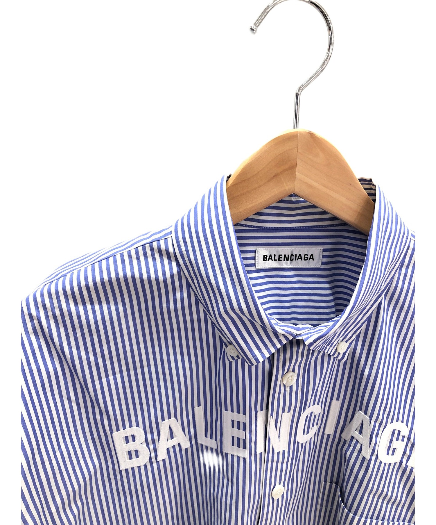 BALENCIAGA (バレンシアガ) 刺繍ストライプオーバーシャツ ネイビー サイズ:36