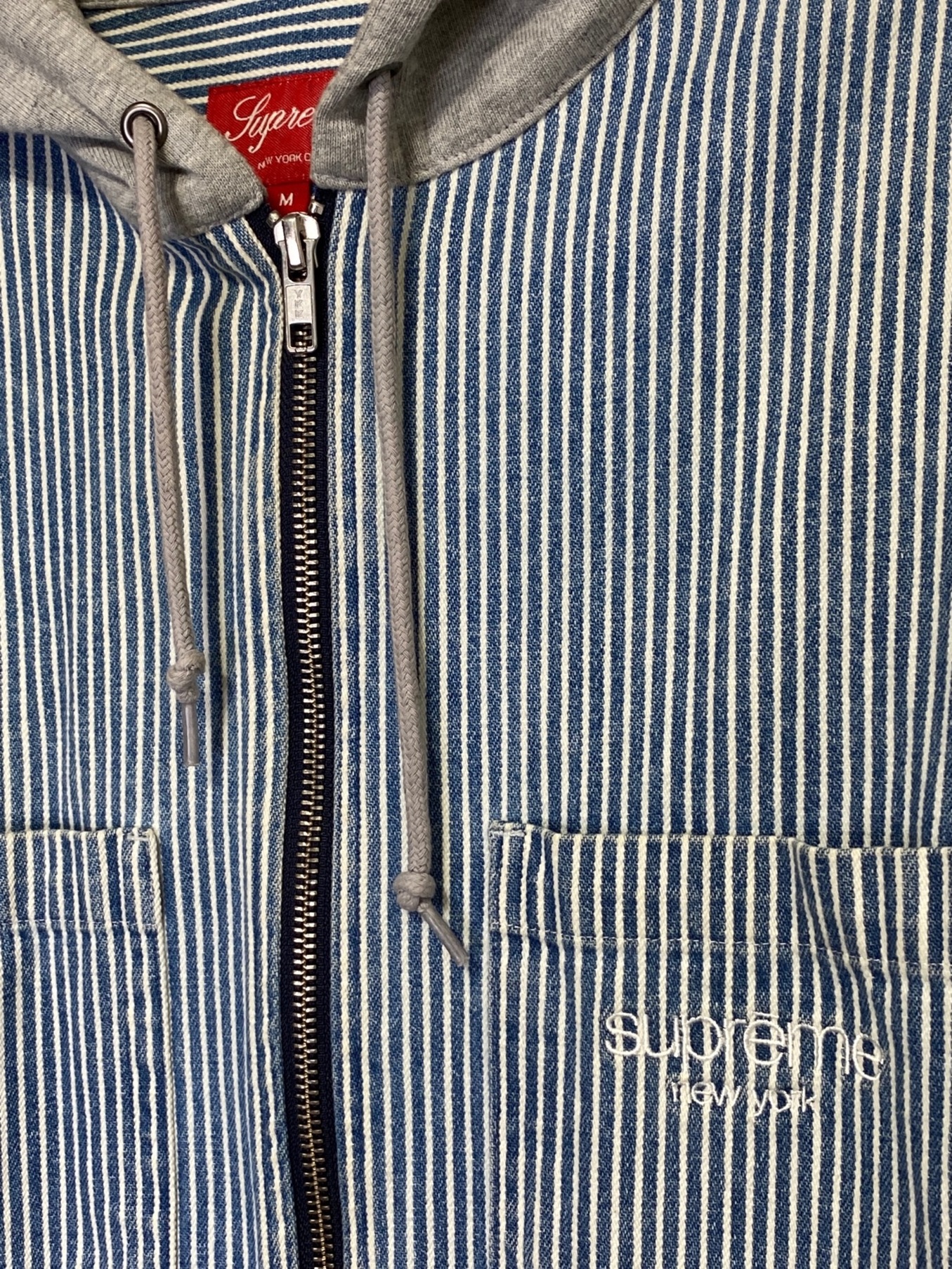 SUPREME (シュプリーム) Hooded Stripe Denim Zip Up Shi ブルー×ホワイト サイズ:Ｍ