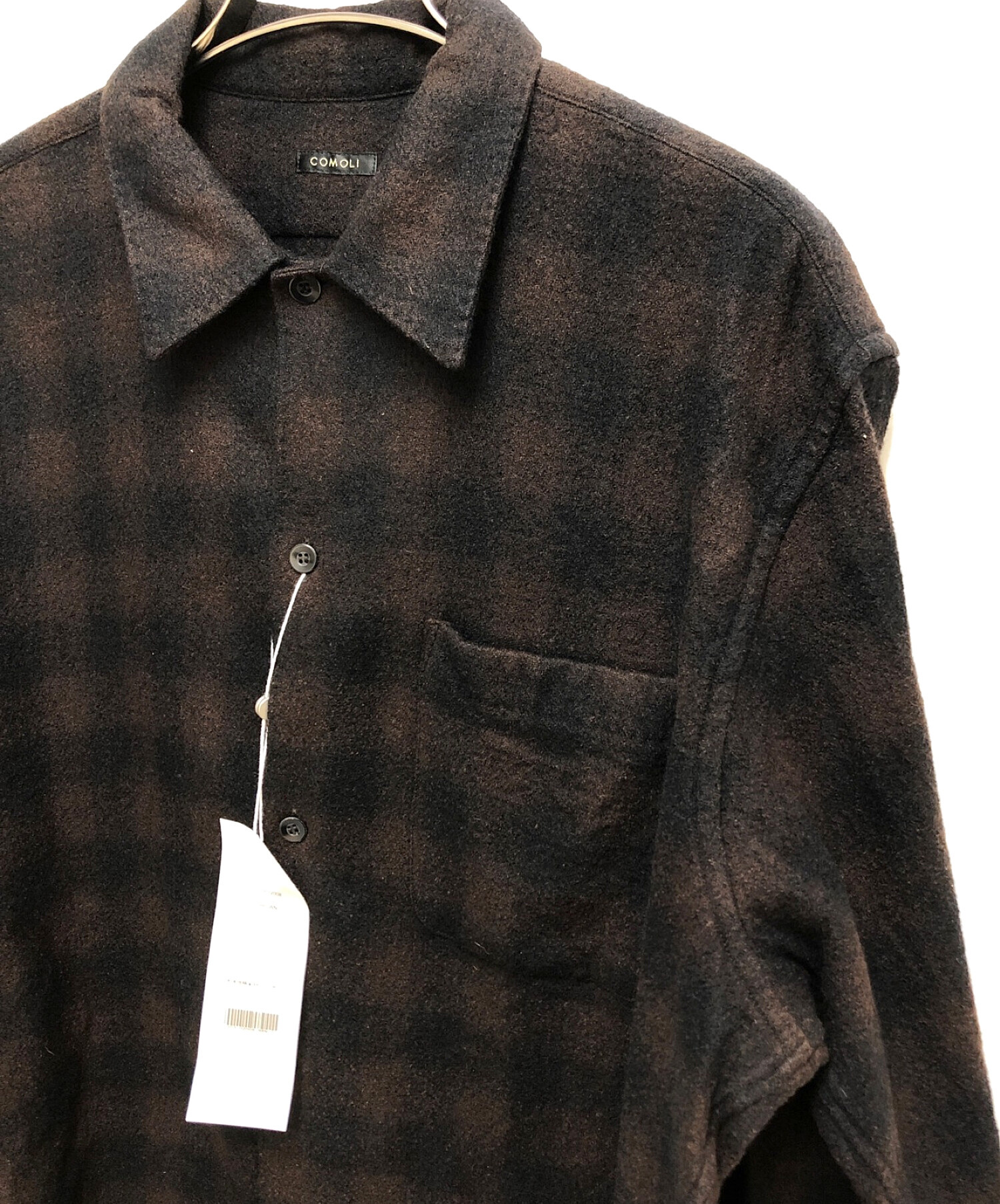 COMOLI (コモリ) ウールチェック オープンカラーシャツ ブラウン サイズ:3 未使用品