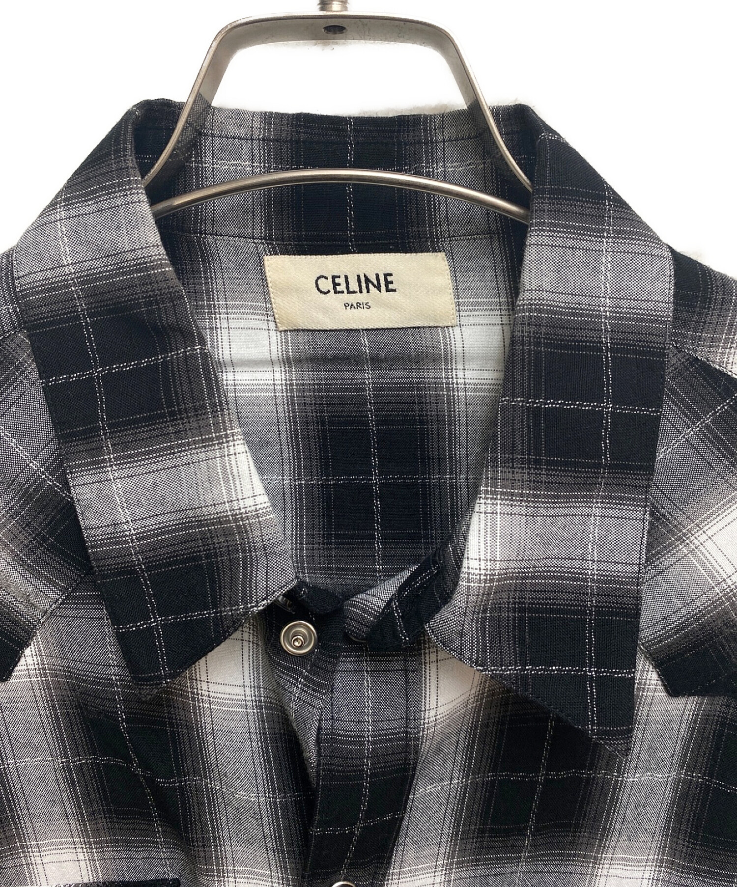 CELINE (セリーヌ) クラシックフィットチェックシャツ ブラック×ホワイト サイズ:XL