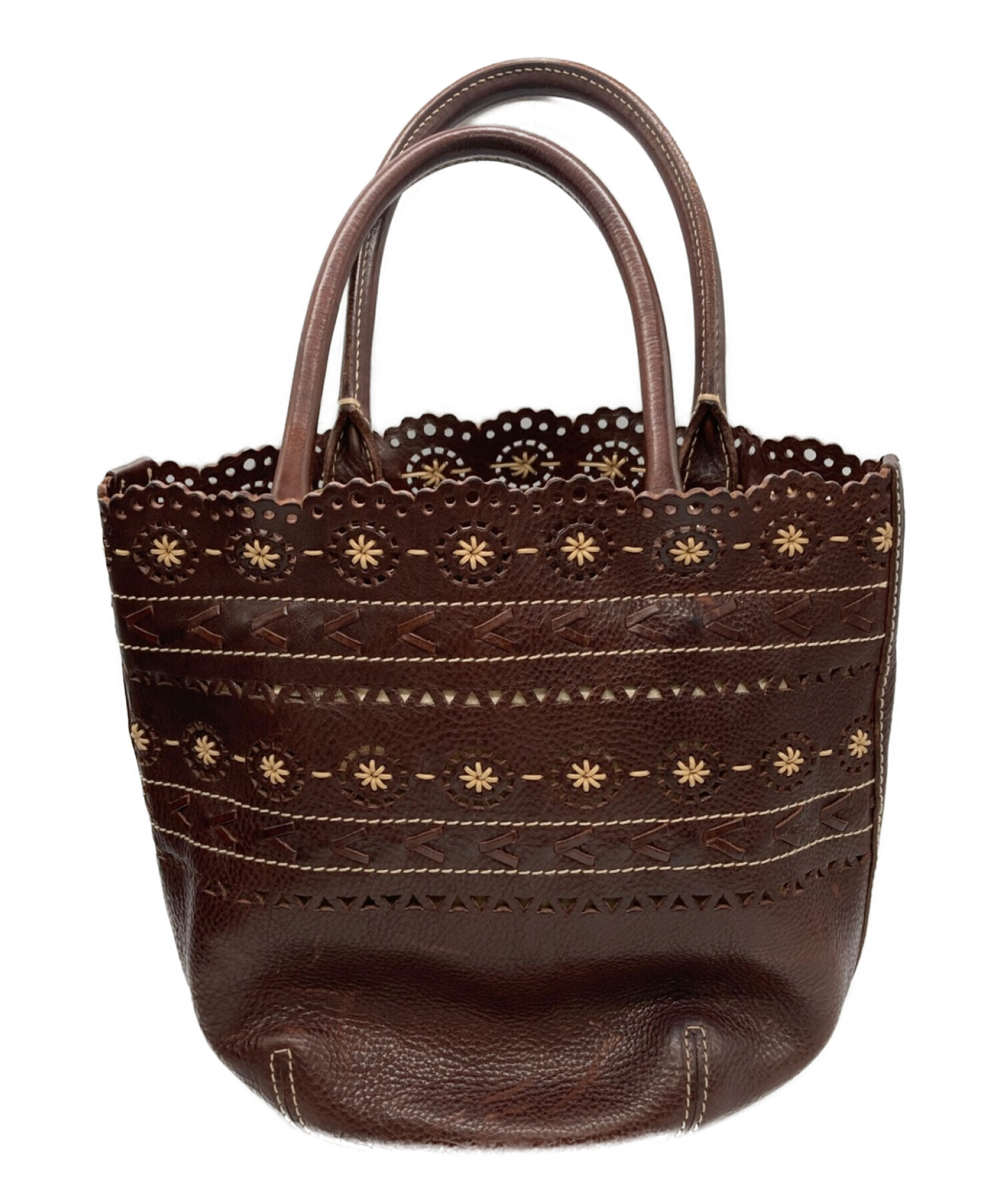 バッグ専用❗genten ハンドバッグ　茶色　刺繍　鍵付き　レザー