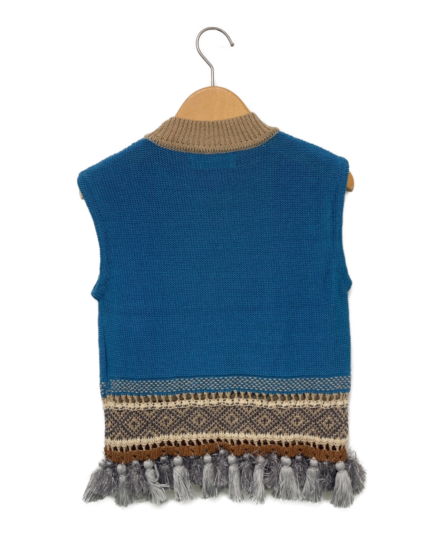 mame kurogouchi (マメクロゴウチ) Ethnic Pattern Sleeveless Fringe Knit ブルー サイズ:2