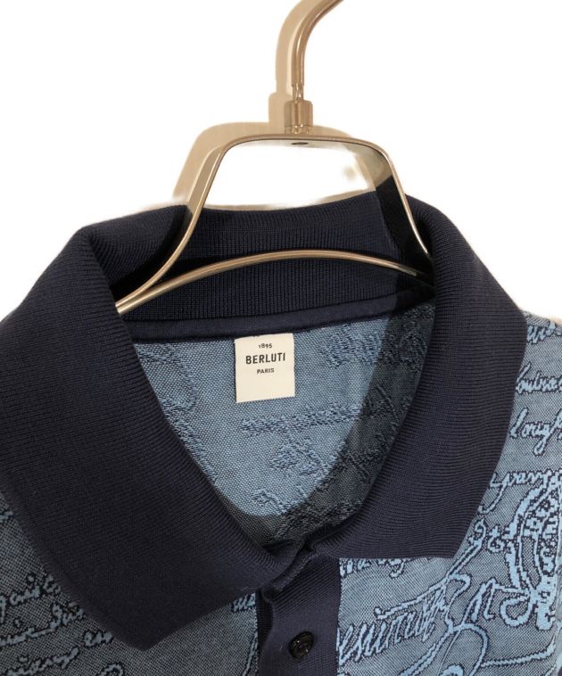 Berluti (ベルルッティ) ストライプスクリットポロシャツ ブルー×ネイビー サイズ:L