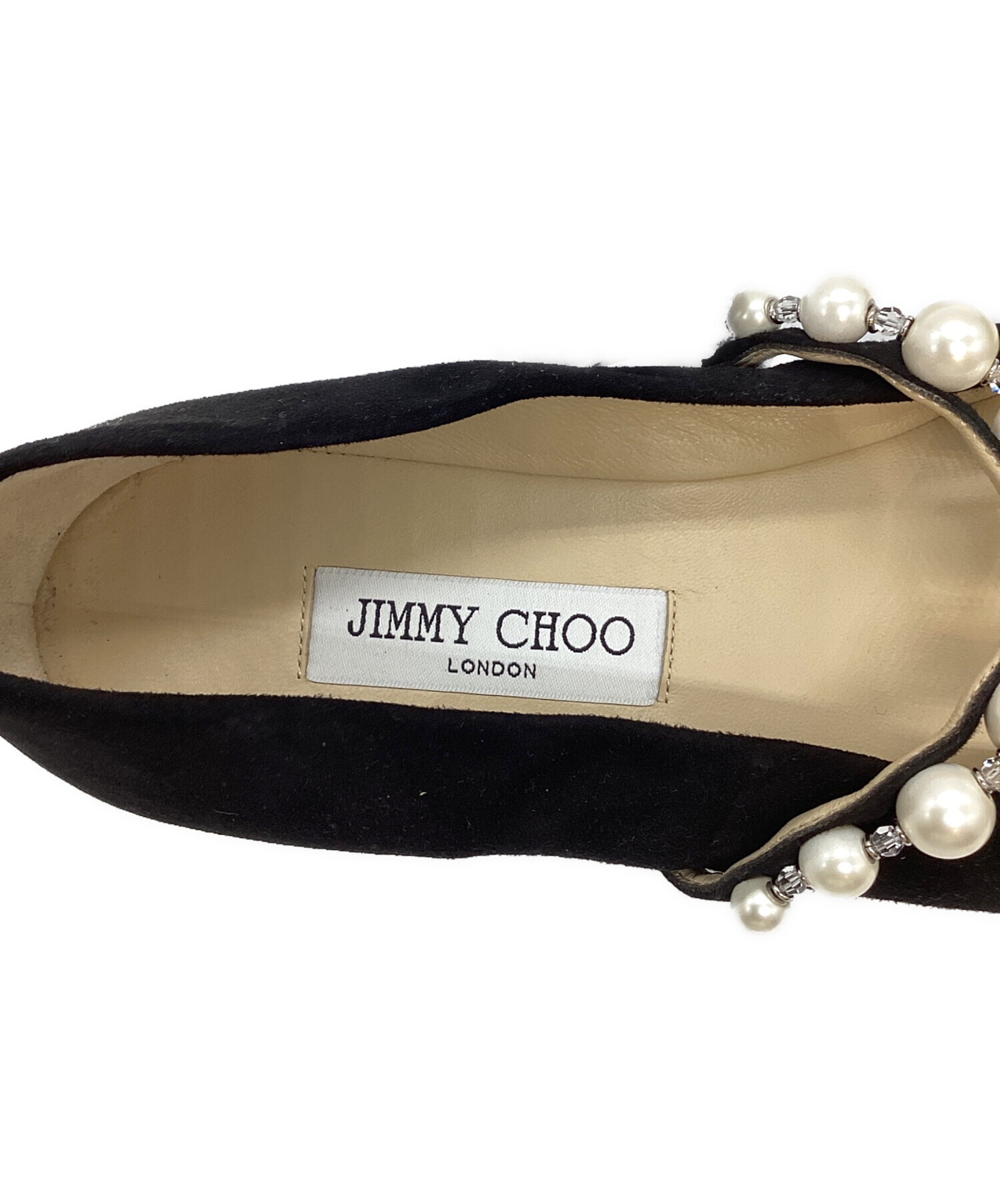 JIMMY CHOO (ジミーチュウ) パール付スエードフラットシューズ ブラック サイズ:37 1/2