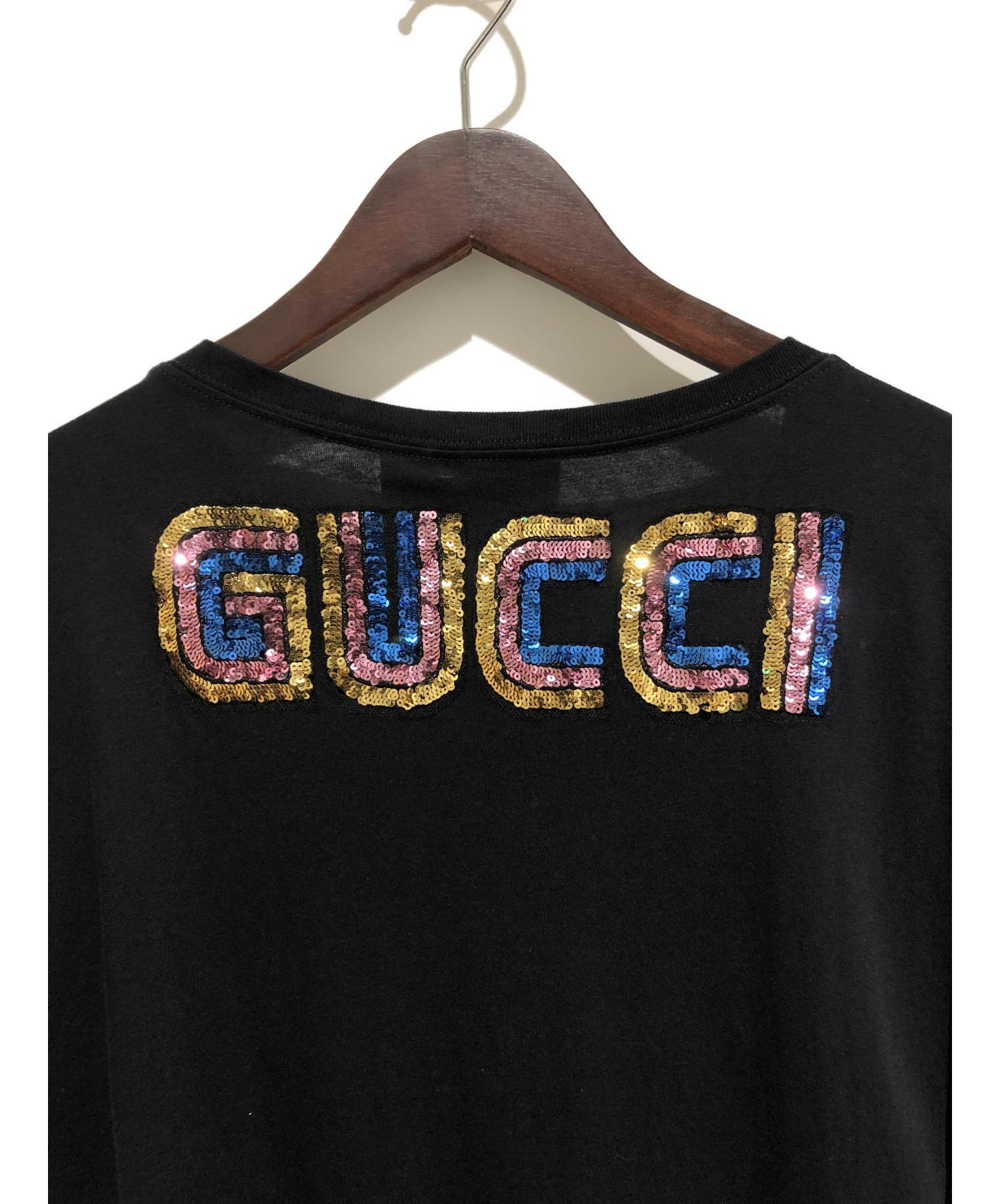 GUCCI (グッチ) スパンコールドッグTシャツ ブラック サイズ:S