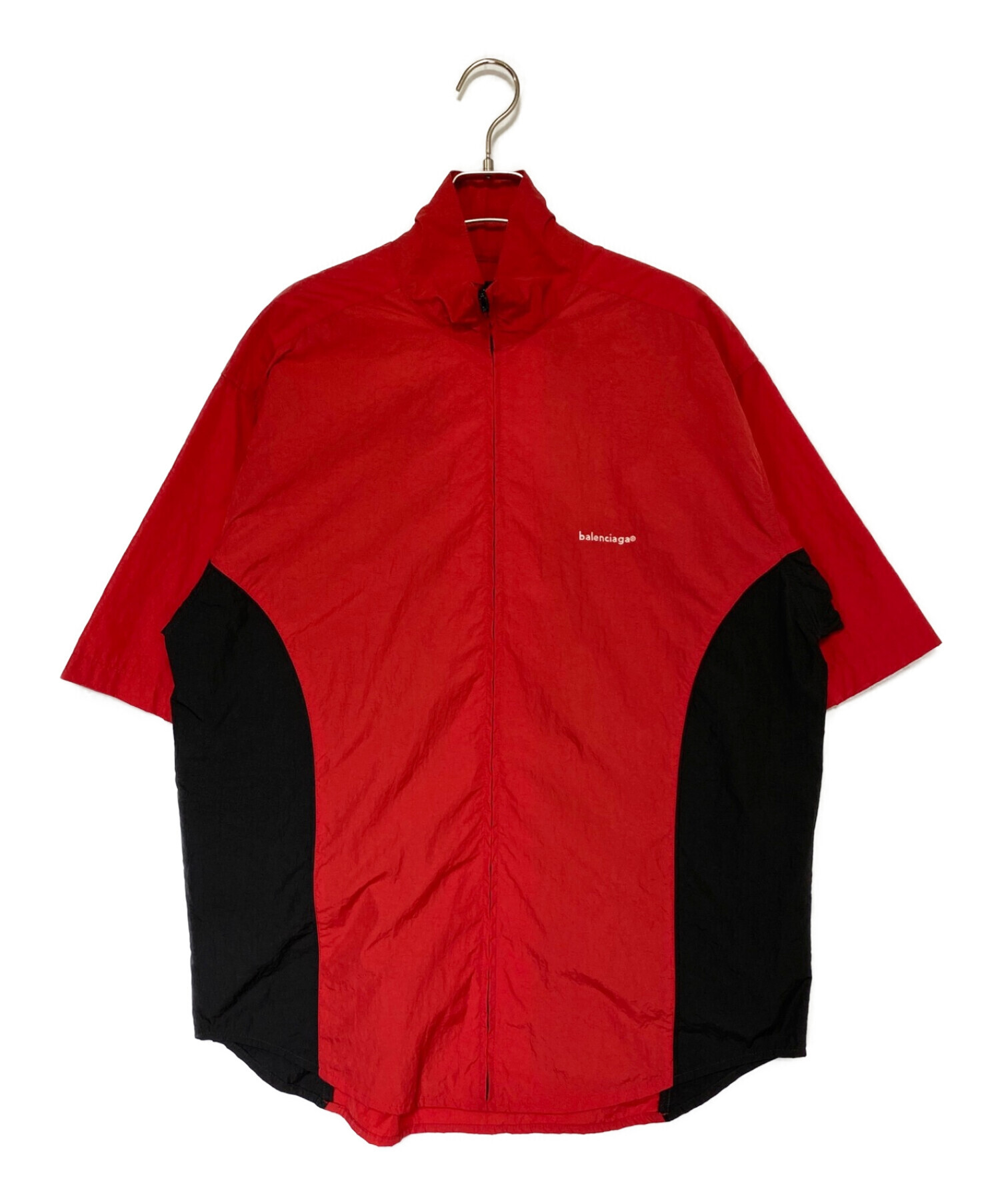 BALENCIAGA (バレンシアガ) ジップアップロゴ半袖シャツ レッド サイズ:44