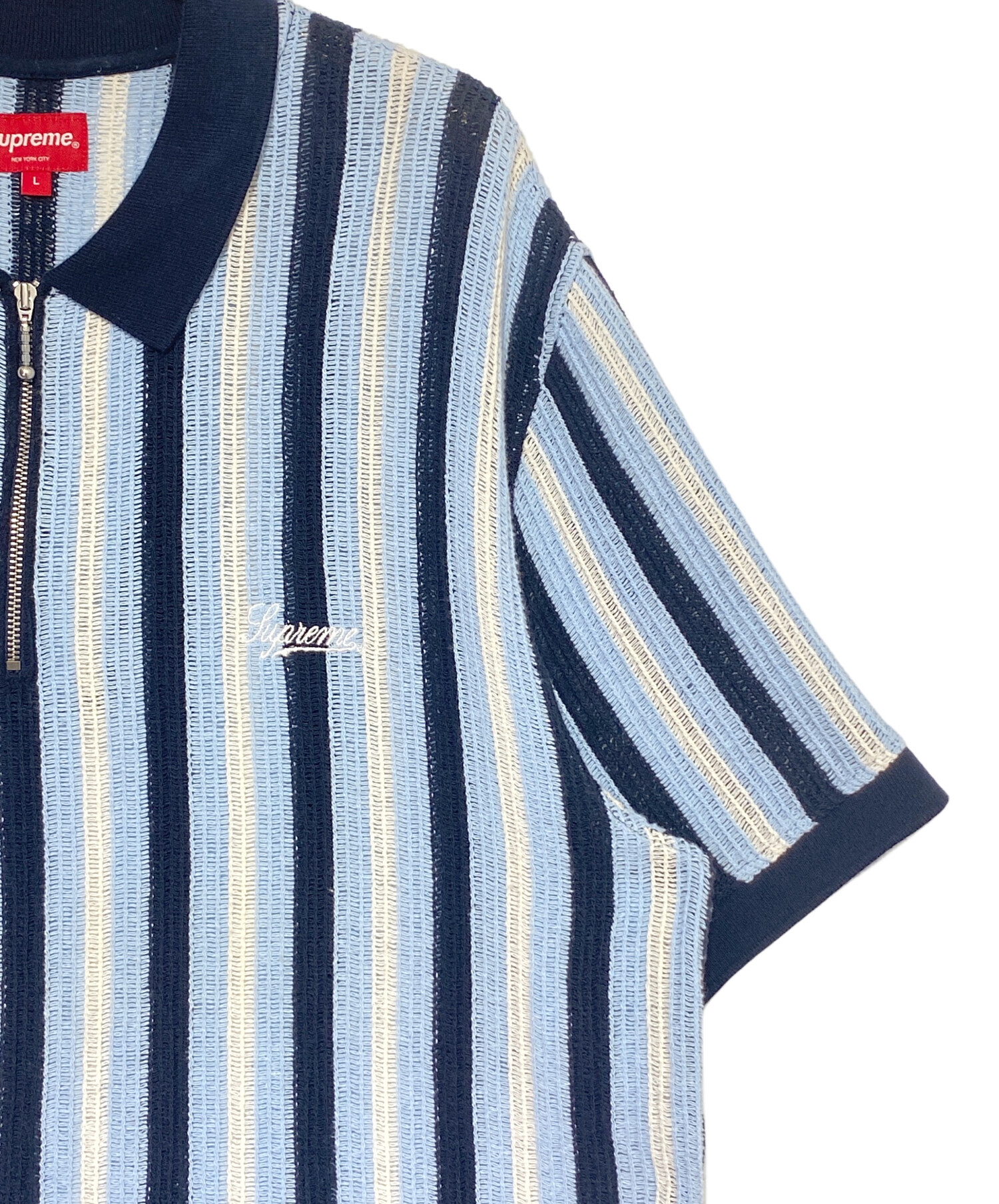 SUPREME (シュプリーム) Open Knit Stripe Zip Polo スカイブルー サイズ:L