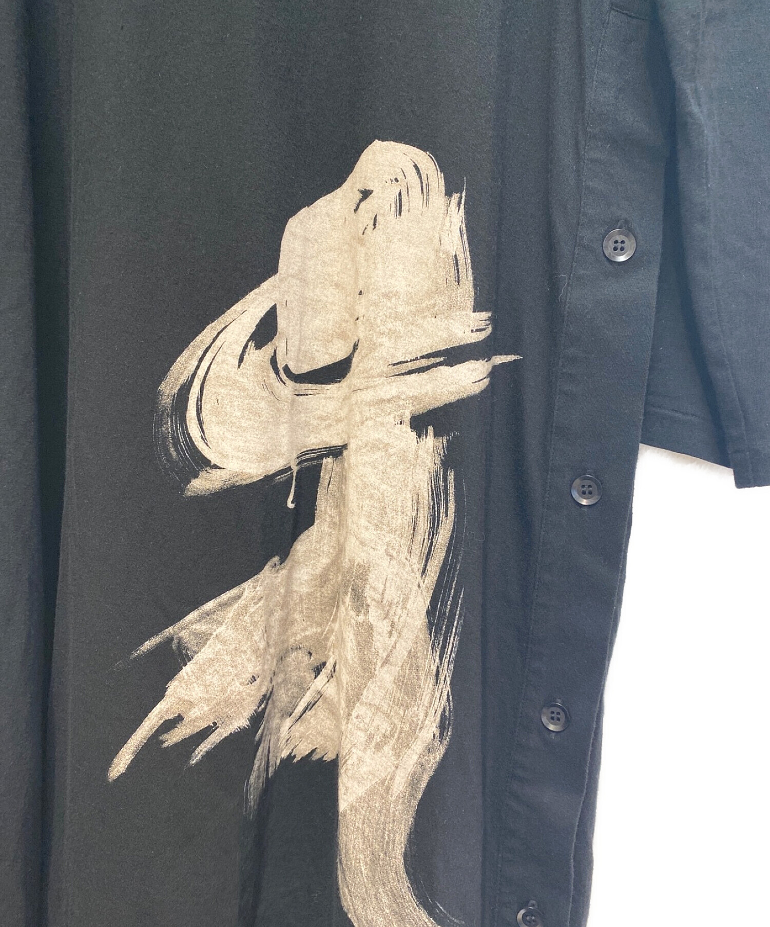 Yohji Yamamoto pour homme (ヨウジヤマモト プールオム) シャンカール天竺ハット女VネックヘンリーOPプリントTシャツ  ブラック サイズ:3