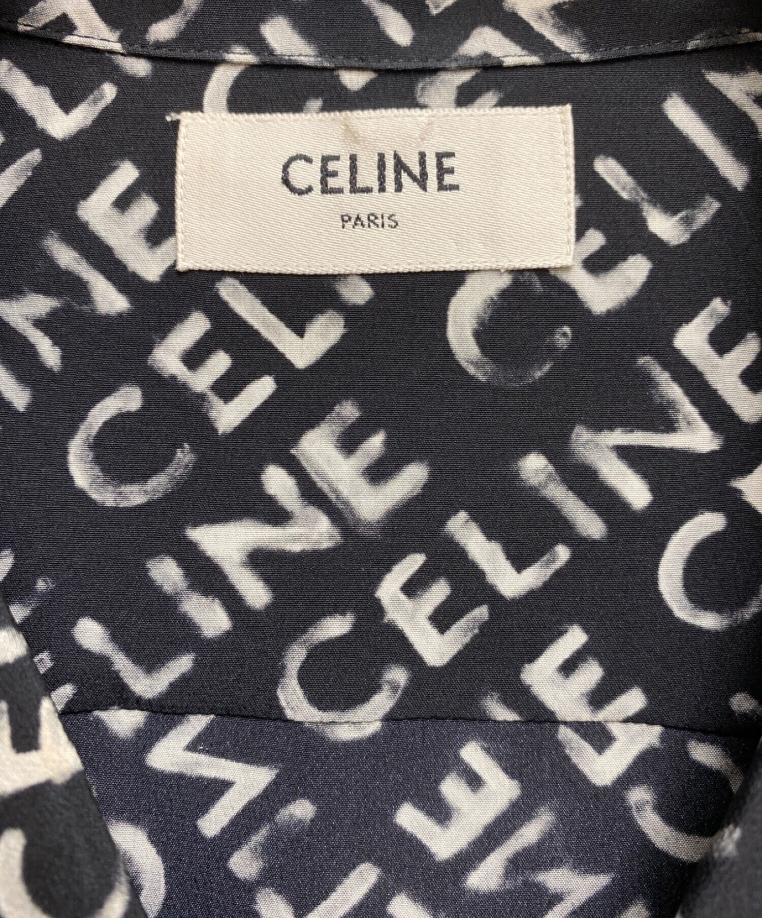 CELINE (セリーヌ) 23SS ロゴ総柄シルク半袖シャツ ブラック サイズ:36