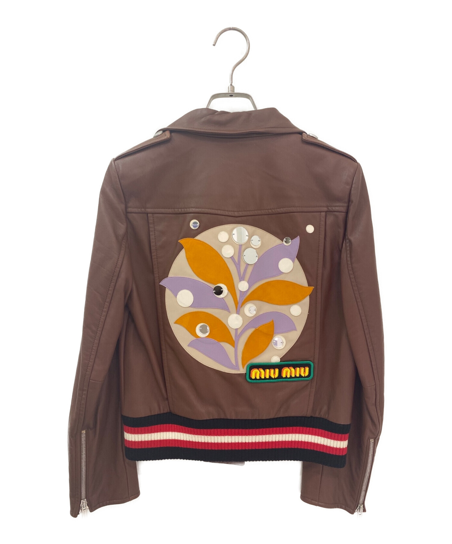 MIU MIU (ミュウミュウ) バックデザインレザージャケット ブラウン サイズ:36