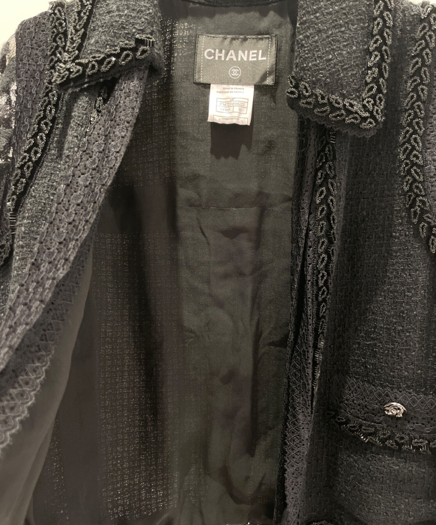 CHANEL (シャネル) ツイードレーススリーブジャケット ブラック サイズ:36