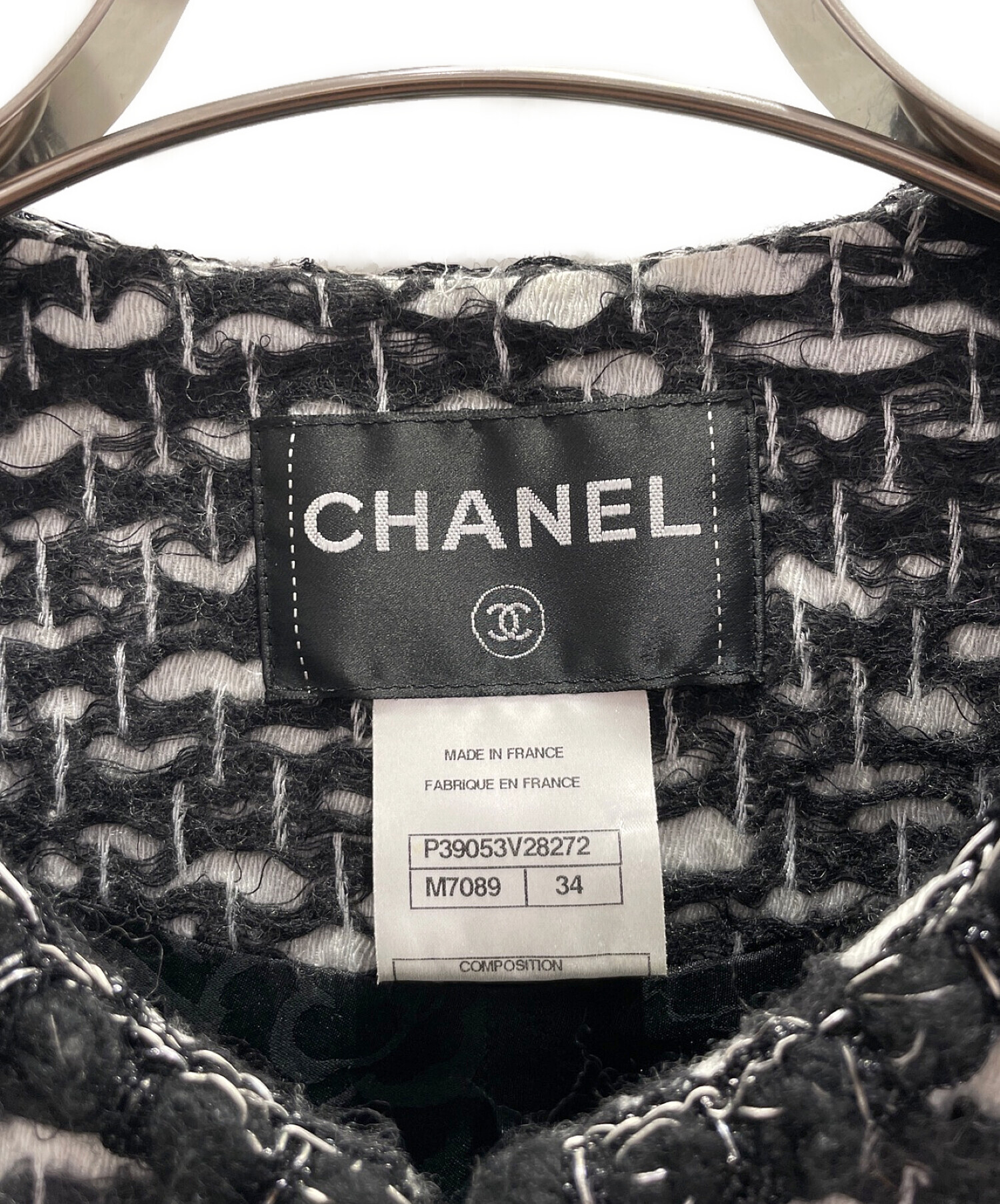 CHANEL (シャネル) ノーカラージャケット ブラック×ホワイト サイズ:34