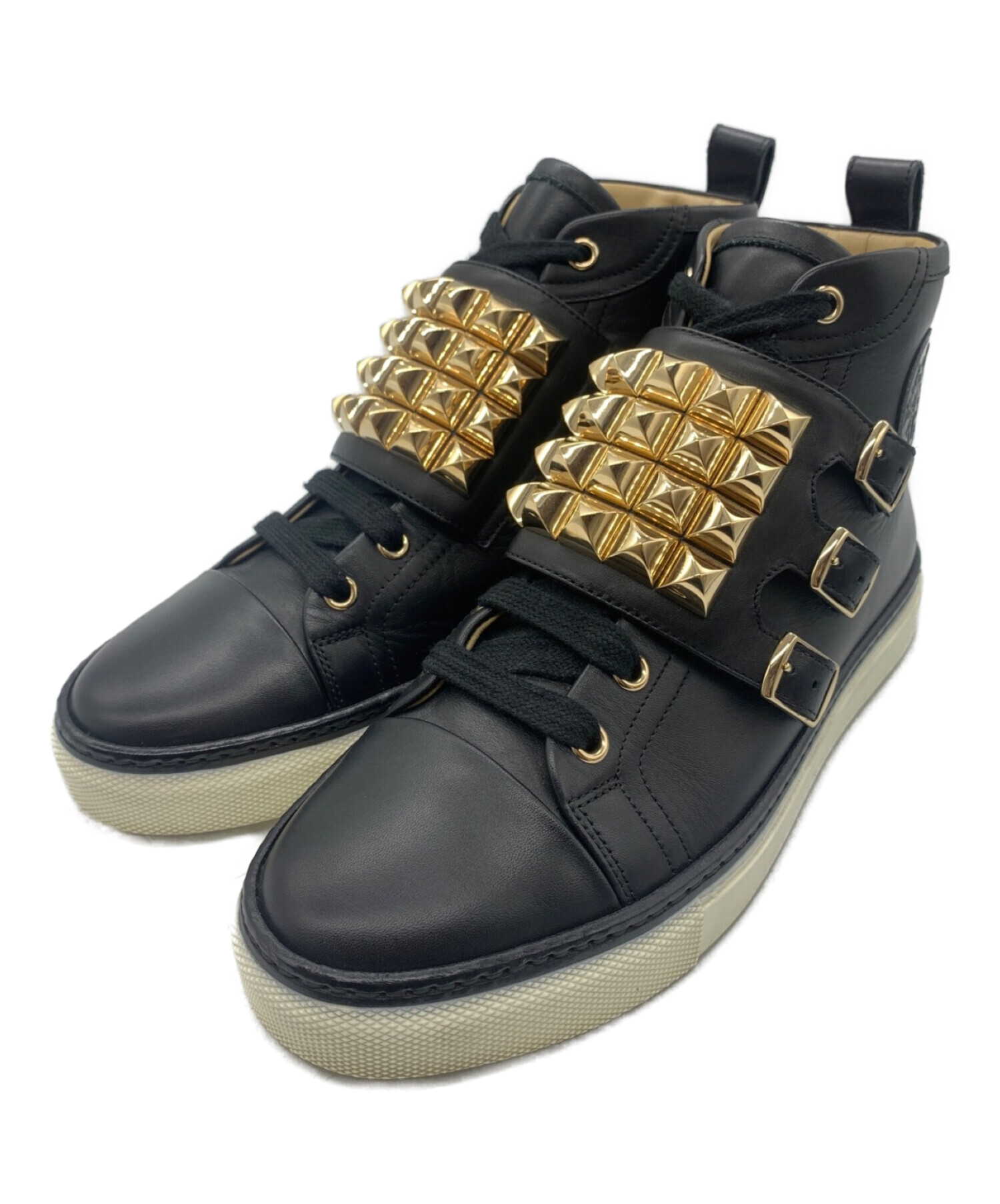《シルビオルージー》新品 イタリア製 スタッズ レザースリッポン 黒(26cm)靴/シューズ