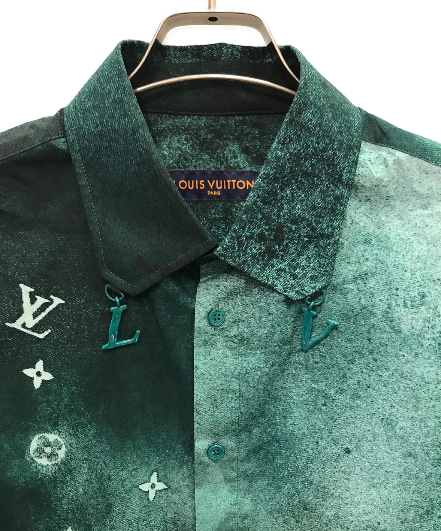 極美品 ルイヴィトン LOUIS VUITTON シャツ 20AW ロングスリーブ モノグラム カモフラージュ シルク100％ トップス メンズ M ブルー