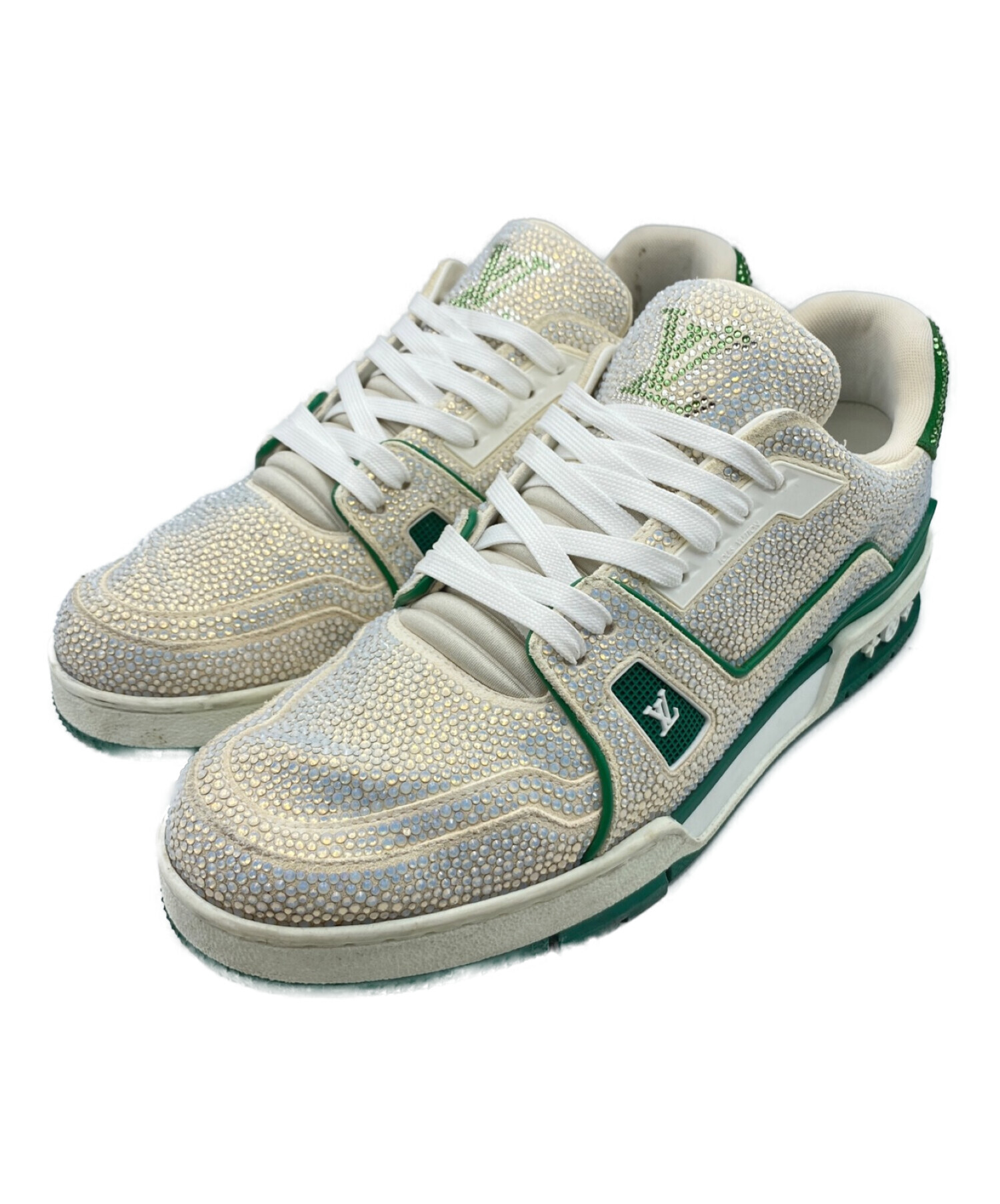 LOUIS VUITTON (ルイ ヴィトン) Crystal-Covered LV Trainer Green Strass ホワイト×グリーン  サイズ:SIZE 7