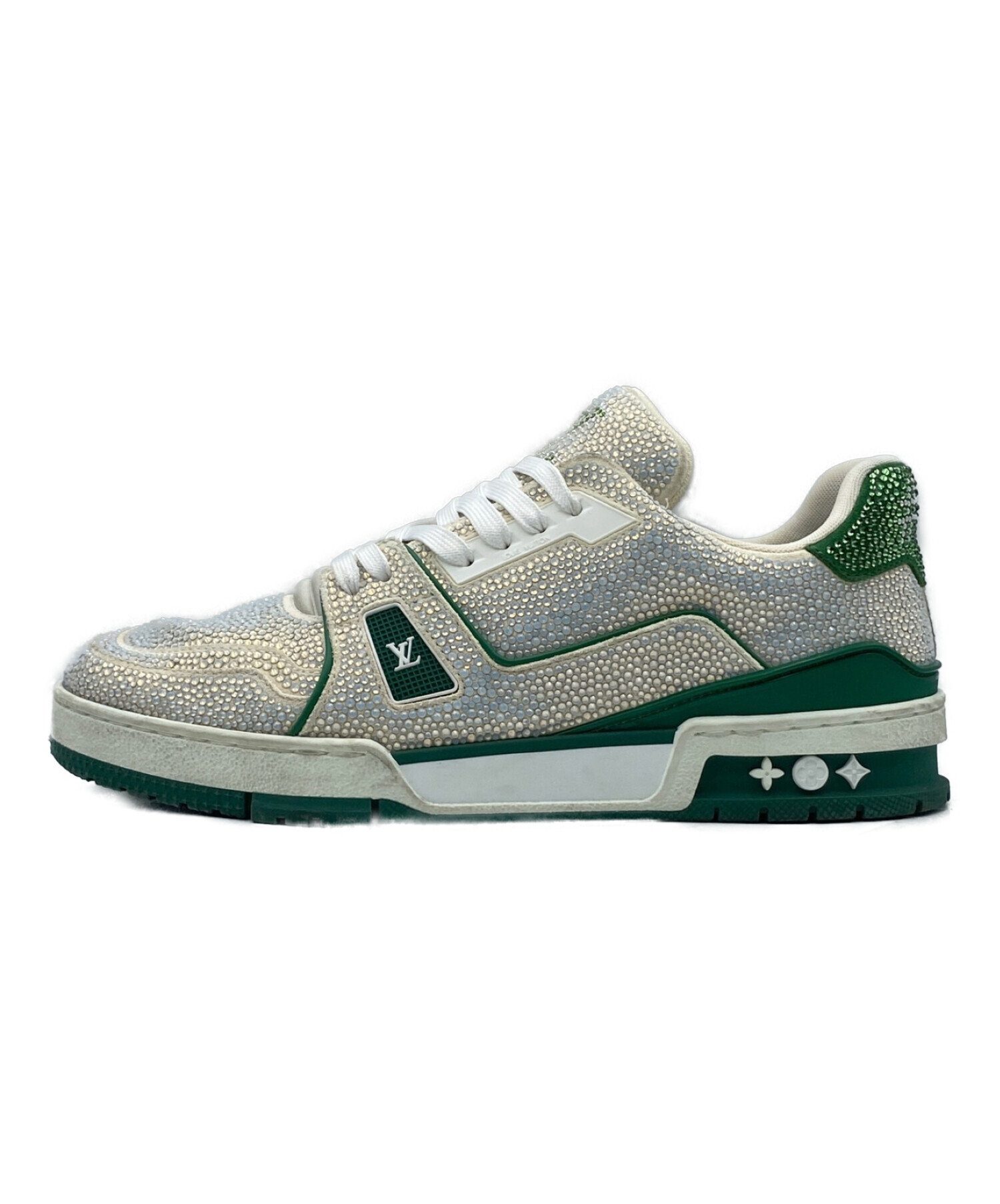 LOUIS VUITTON (ルイ ヴィトン) Crystal-Covered LV Trainer Green Strass ホワイト×グリーン  サイズ:SIZE 7