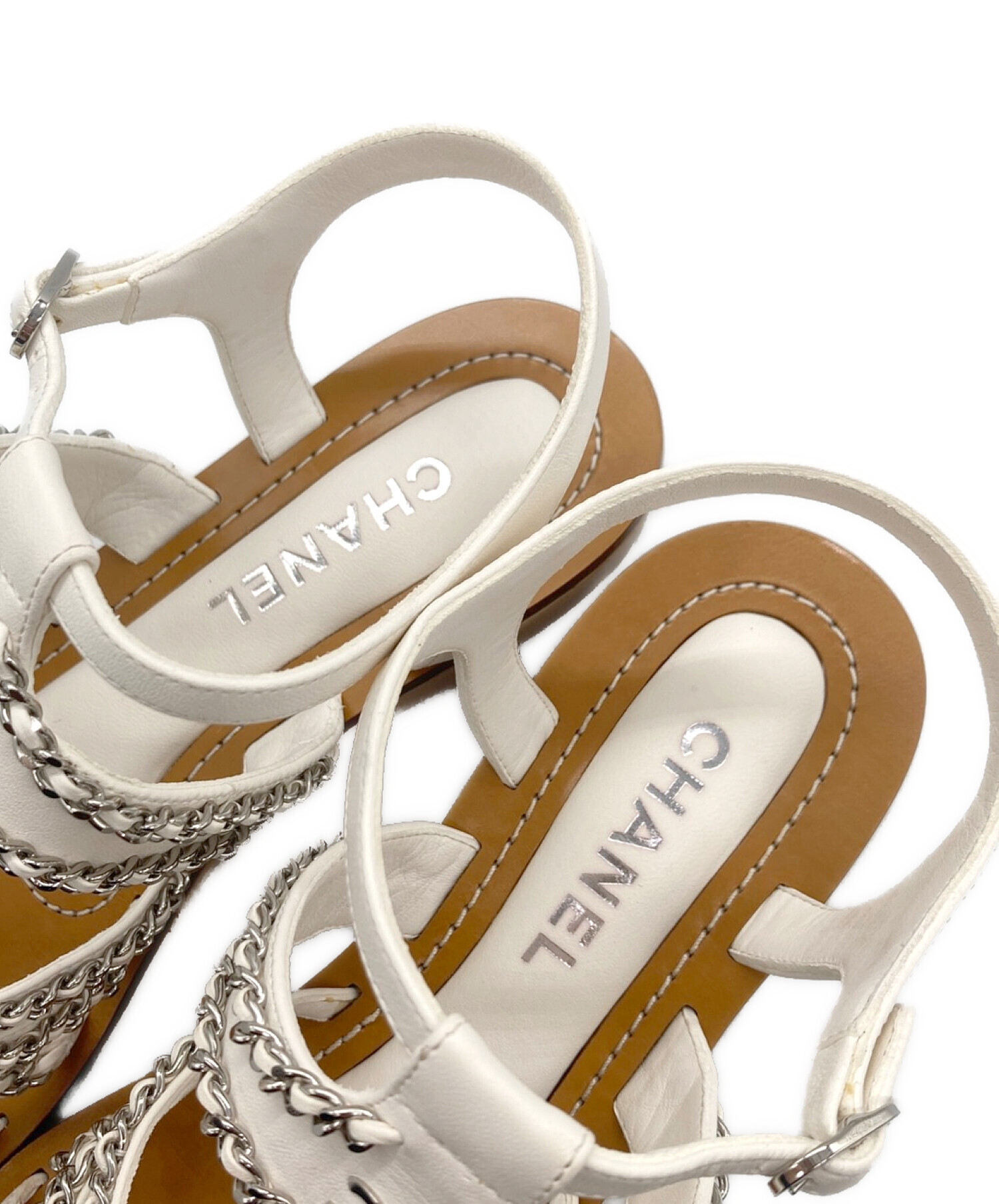 CHANEL (シャネル) Chanel Flat Sandals チェーン ストラップ ウェッジソールサンダル ホワイト×タン サイズ:39