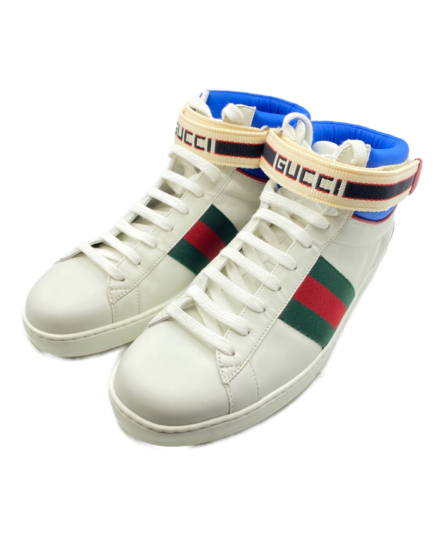 GUCCI (グッチ) ACEストライプハイカットスニーカー ホワイト×ブルー×レッド サイズ:6