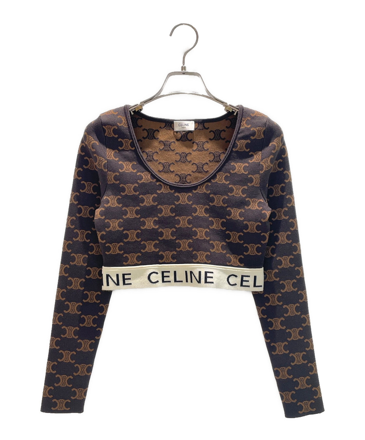 CELINE (セリーヌ) クロップトップ モノグラムコットン＆シルク カットソー ブラウン サイズ:XS