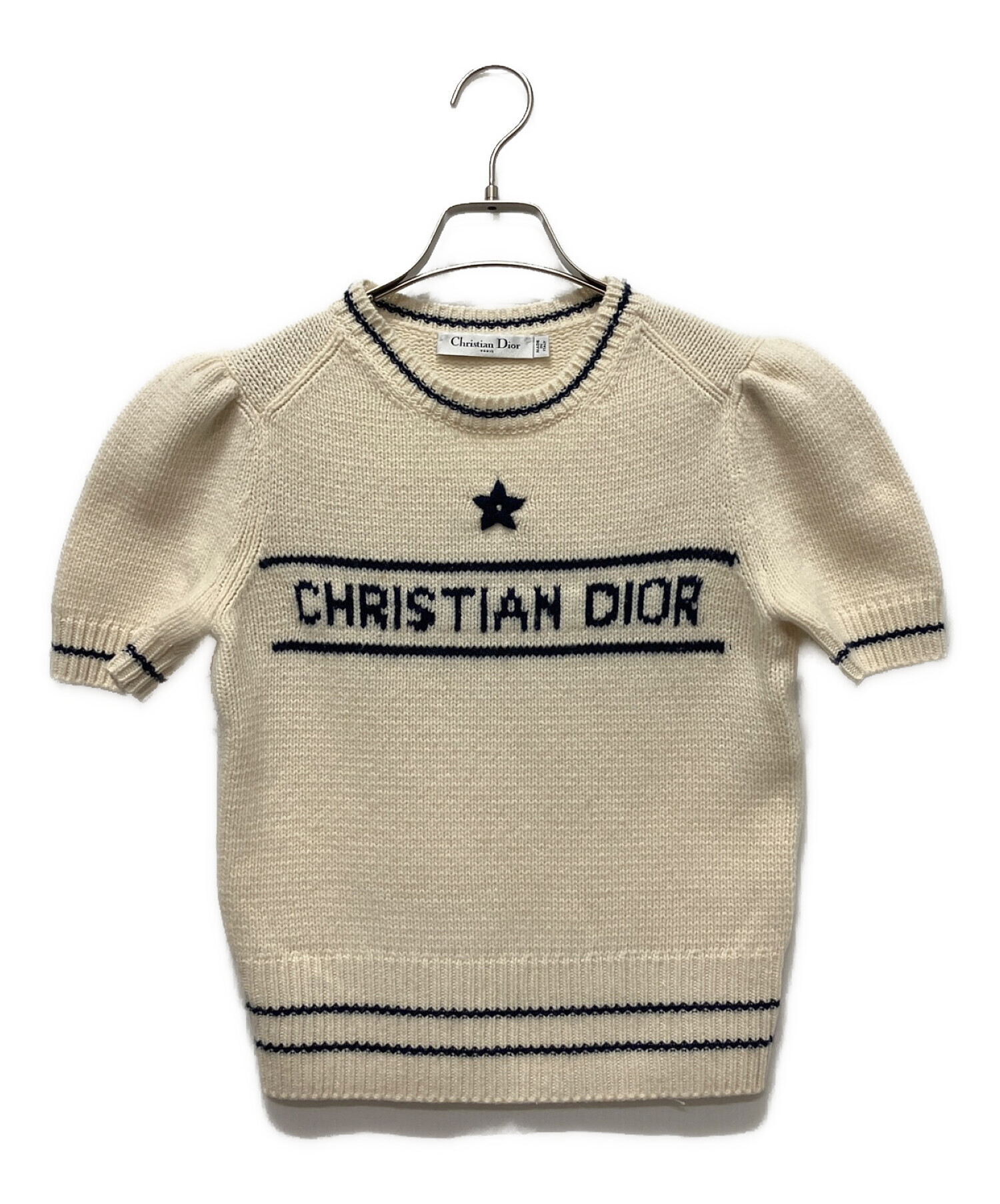 Christian Dior (クリスチャン ディオール) カシミヤ ウール パフスリーブ 半袖 ロゴ ニット アイボリー サイズ:38